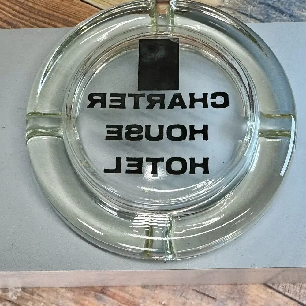 Vintage 60’s Glass‎ Ashtray Charter House Hotel HCA Gold Crown Logo Advertising